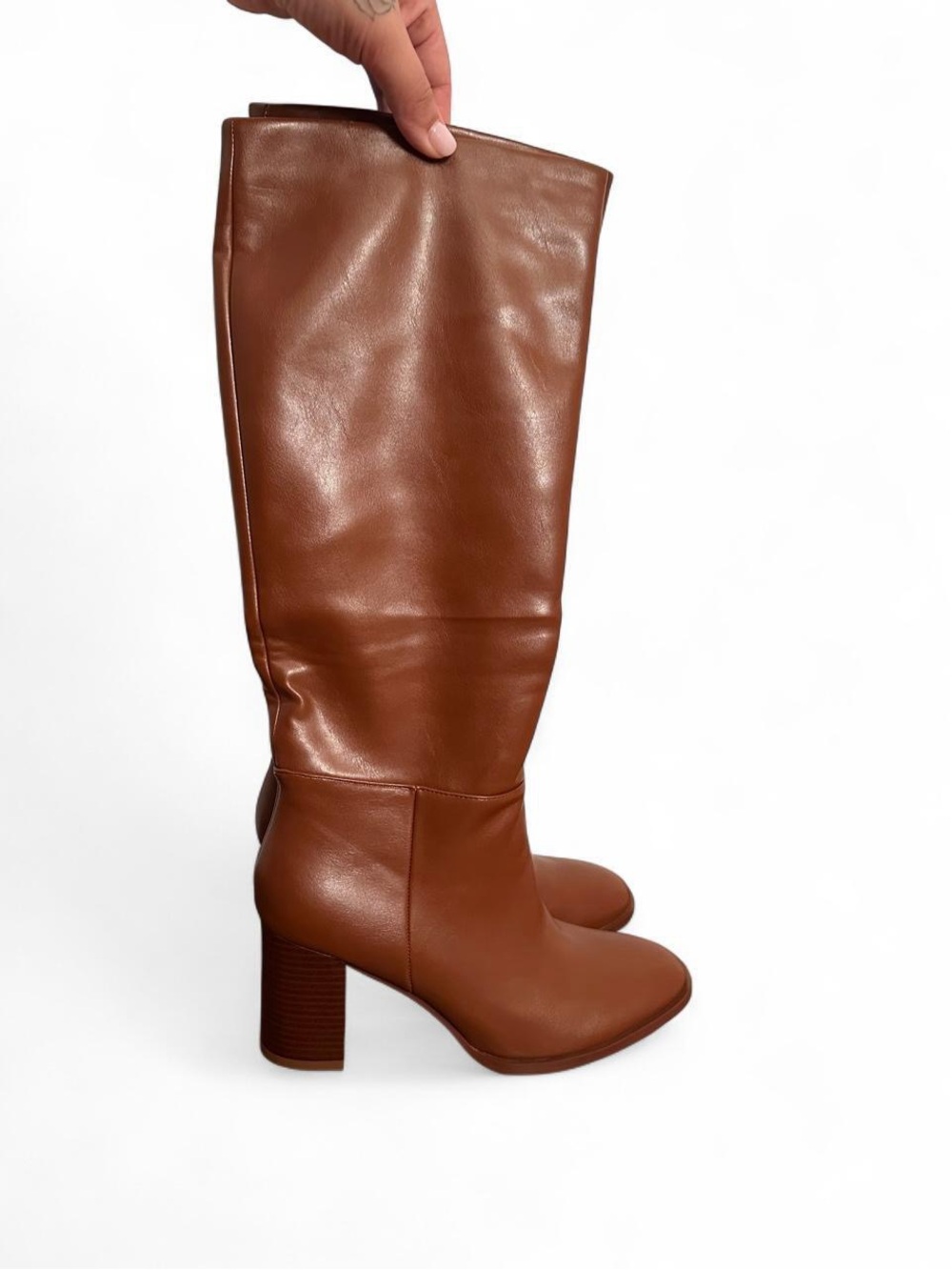 Knee-High Brown Leather Block Heel Boots